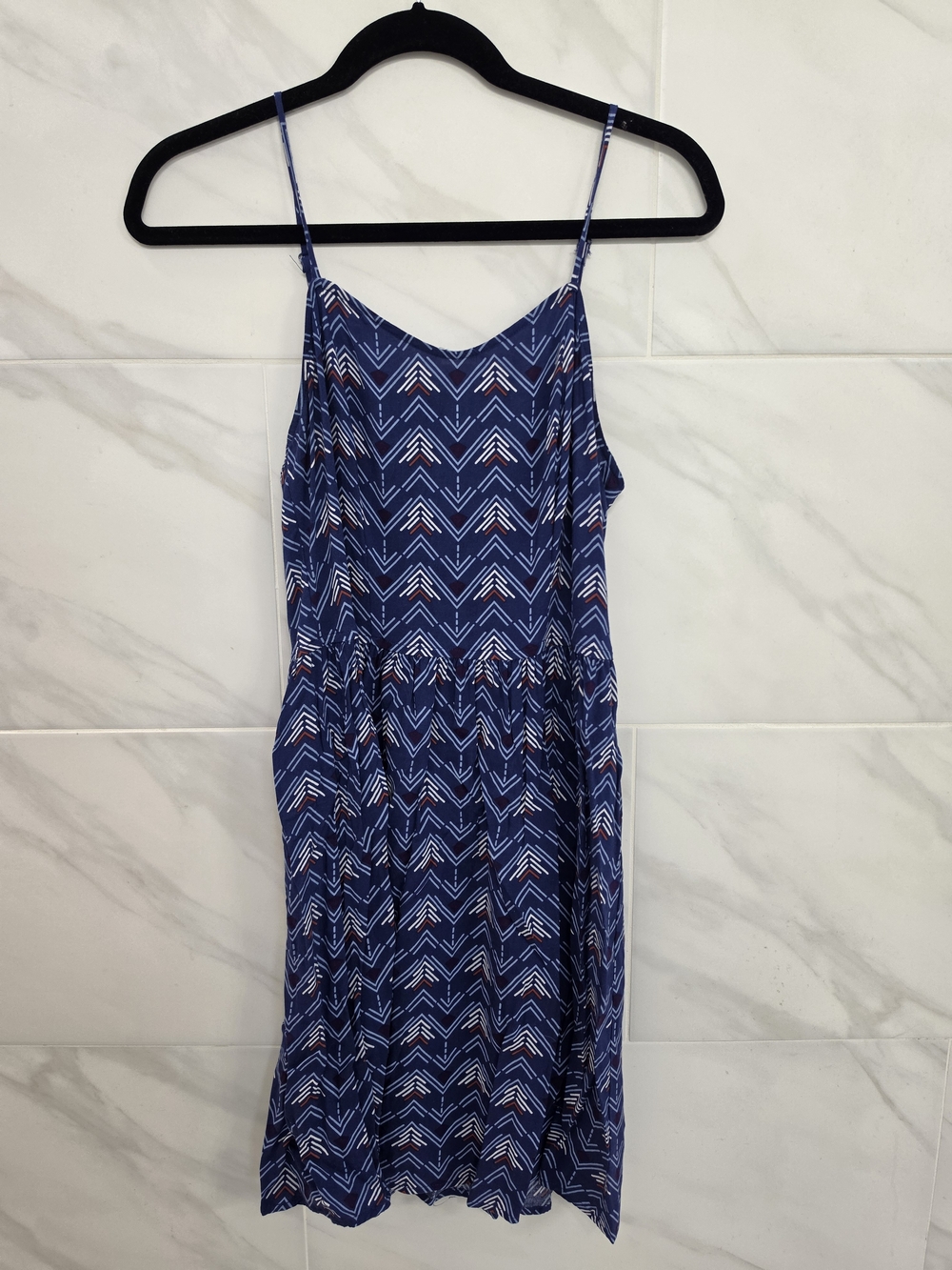 C Blue Chevron Print Midi Dress with Spaghetti Straps